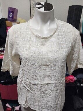 Embroidered Scoop Neck Linen Blouse - Cream